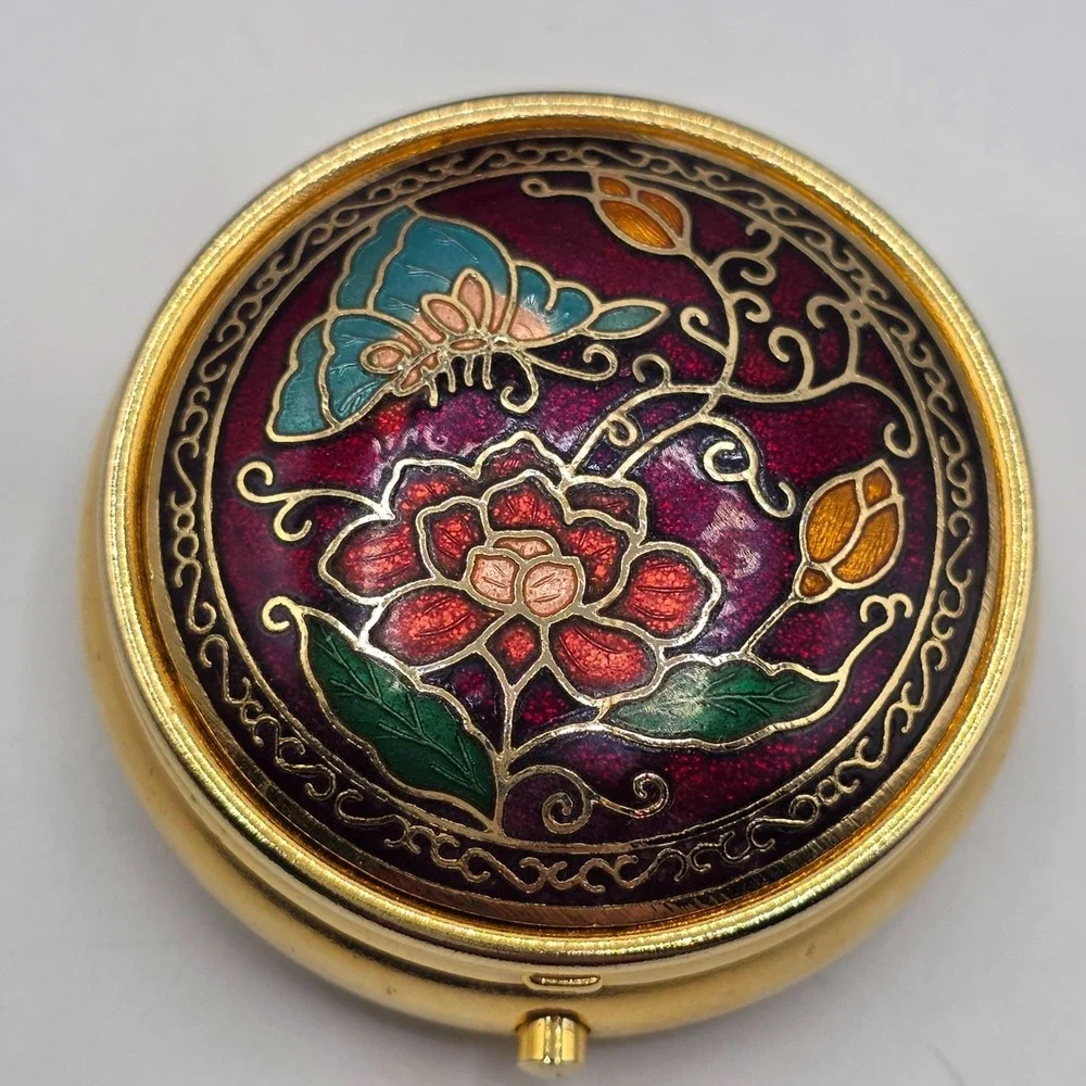 Vintage Cloisonne Pill Box Round Floral Butterfly Organizer Small Jewelry Holder